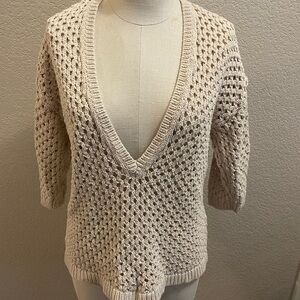 Ann Taylor Cream V-Neck Chunky Knit Beige Sweater 100% Cotton